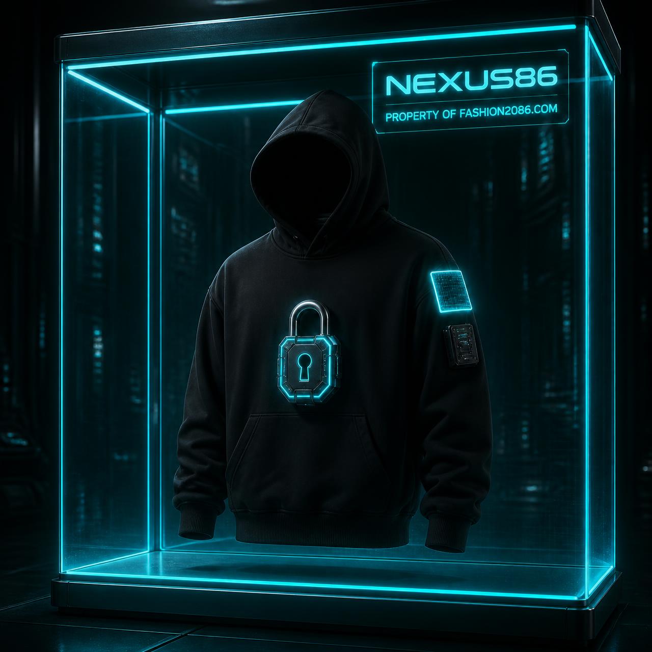 Fashion 2086 black hoodie locked inside a futuristic holographic display case